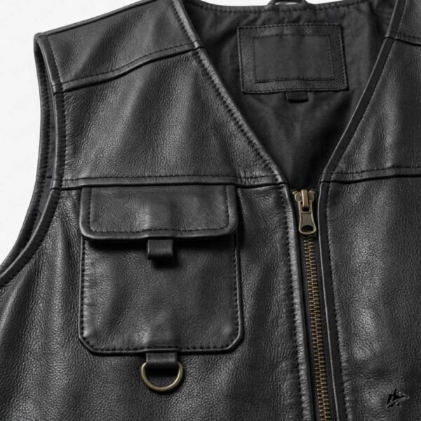 Men's Vintage Black Leather Cargo Vest with Pockets, pockets