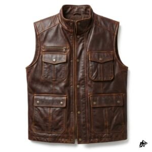 Men's Distressed Brown Leather Utility Cargo Vest
