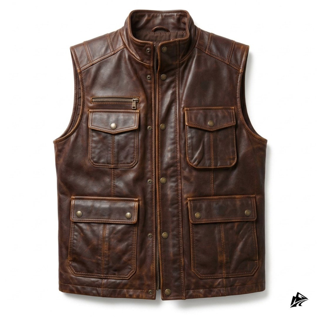 Men's distressed brown leather utility cargo vest, front view with stand collar, snap placket and four flap pockets