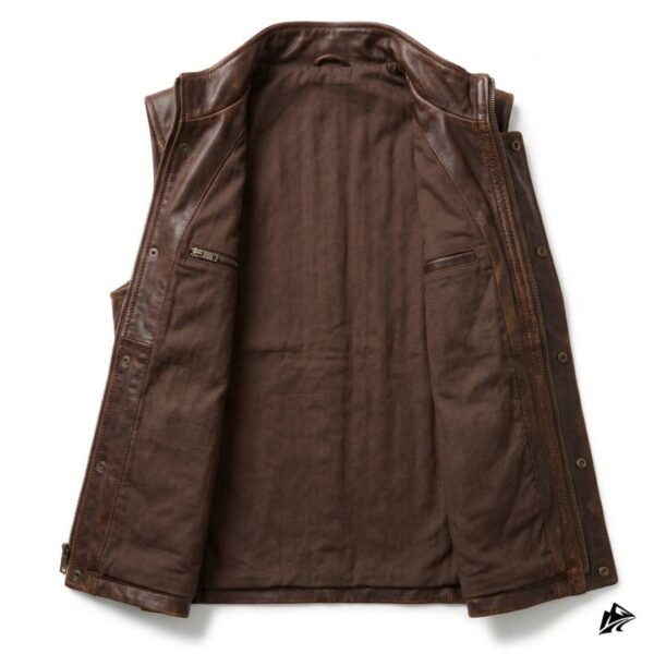 Men's Distressed Brown Leather Utility Cargo Vest, pockets