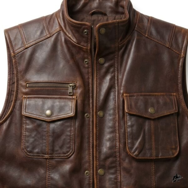 Men's Distressed Brown Leather Utility Cargo Vest, the leather