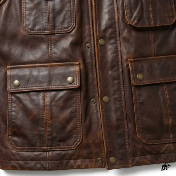 Men's Distressed Brown Leather Utility Cargo Vest, closure