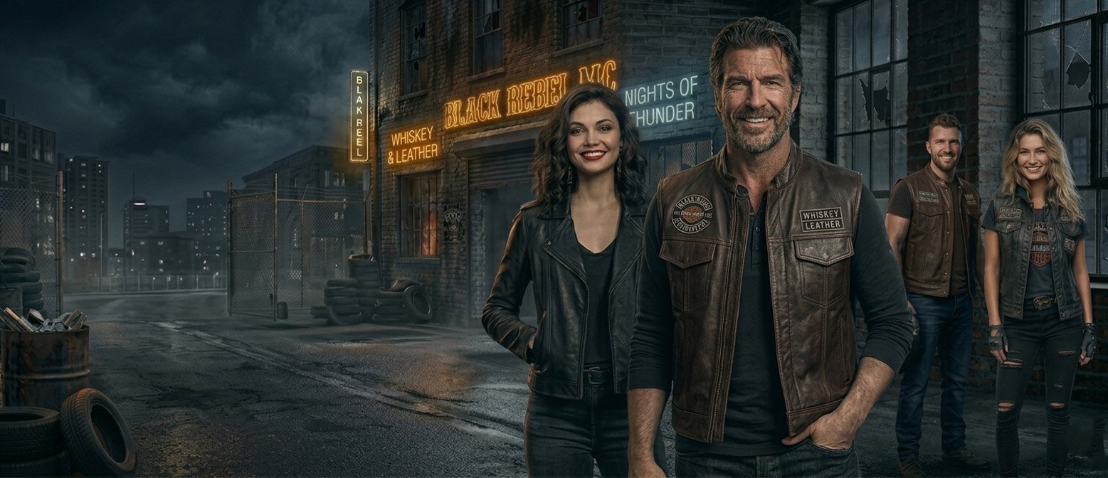 Riders wearing LMCV leather vests outside a city workshop at night