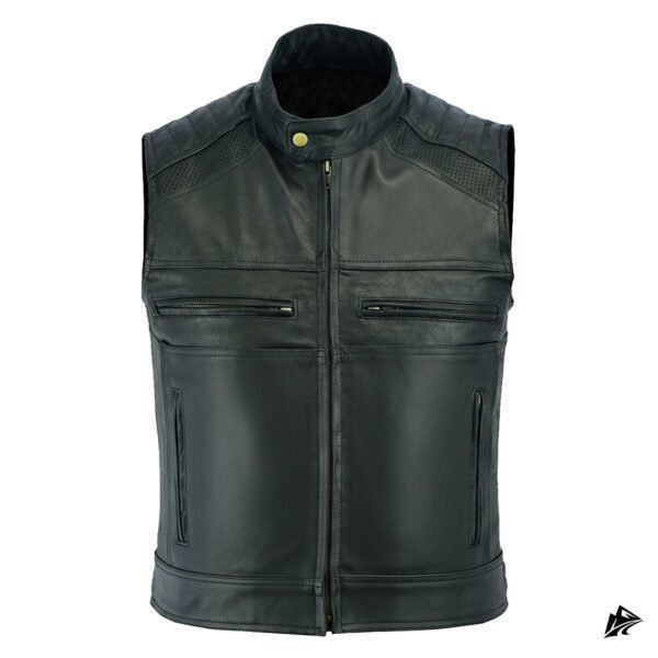 Premium black leather biker vest with padded shoulders